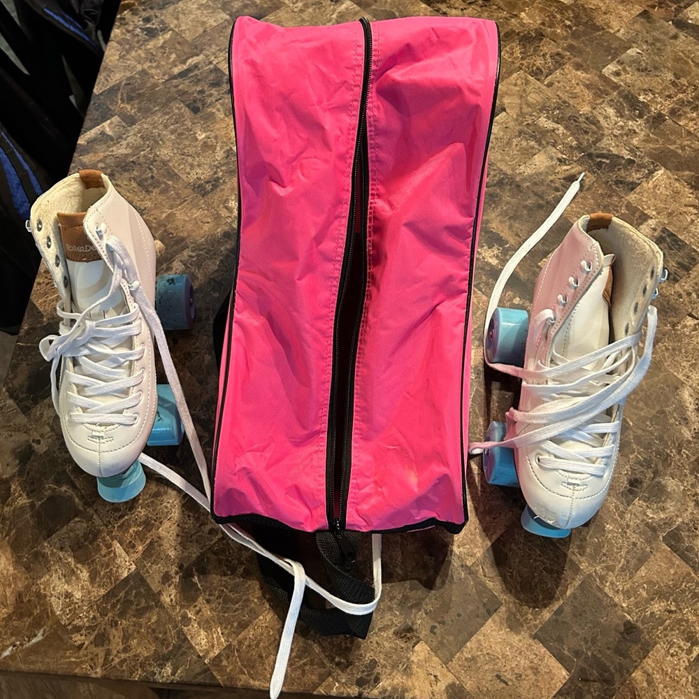 Kids White Roller Skates with Pink Bag
